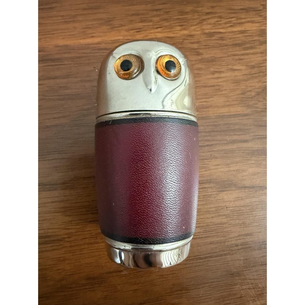 Midcentury Owl Leather And Metal Jigger Four Shot Glass Set Barware Vintage Rare - Picture 5 of 5